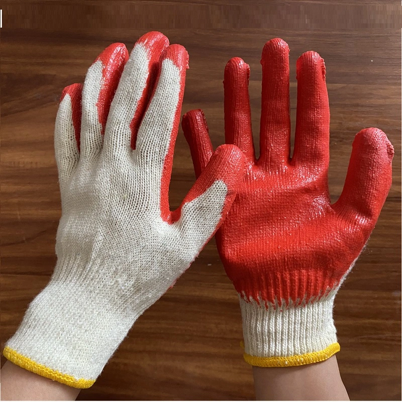 Knitted White Cotton Gloves Red Latex Rubber Coated Safety Work Gloves for Construction