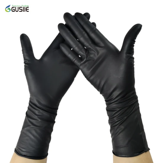 Gusiie Gant de 30,5 cm de long, gant jetable en caoutchouc chimique sans poudre noire, gants de sécurité en nitrile
